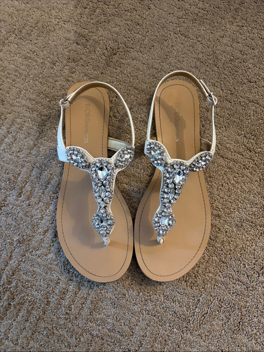 BCBGeneration White Jeweled T-Strap Sandals with Crystal Accents